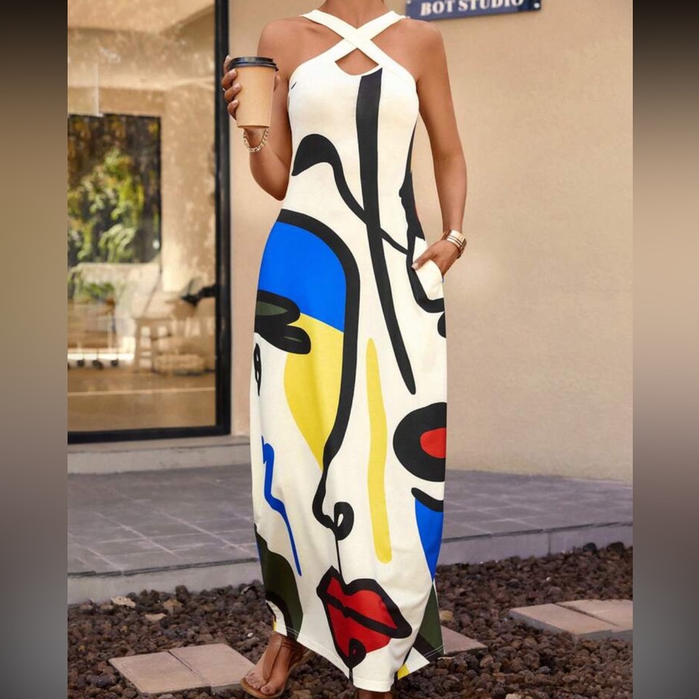 Classic Pop Art Eye Print Cross Front Maxi Dress